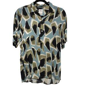 Men's Zara Light Blue & Olive Abstract Print Button-Up Relaxed Fit Shirt M